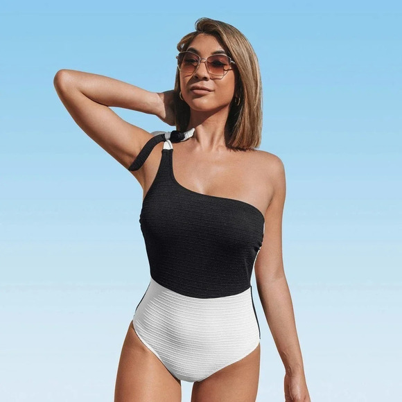 NWT Cupshe Black & White Color Block OnePiece Swimsuit Bow Knot Size Large 12/14 - Picture 1 of 11